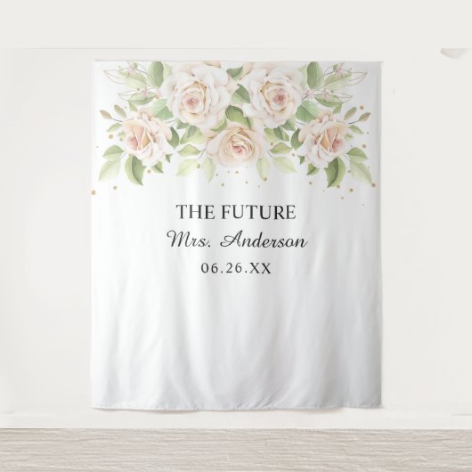 Elegant White Roses Mrs Vrijgezellenfeest Backdrop Wandkleed (Voorkant)