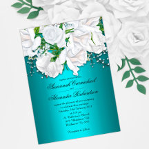 Elegant White Roses over Aqua Wedding Invitation
