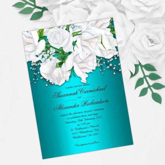 Elegant White Roses over Aqua Wedding Invitation