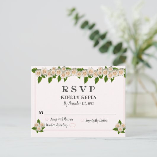 Elegant White Roses Pink Blush RSVP Briefkaart (Staand voorkant)