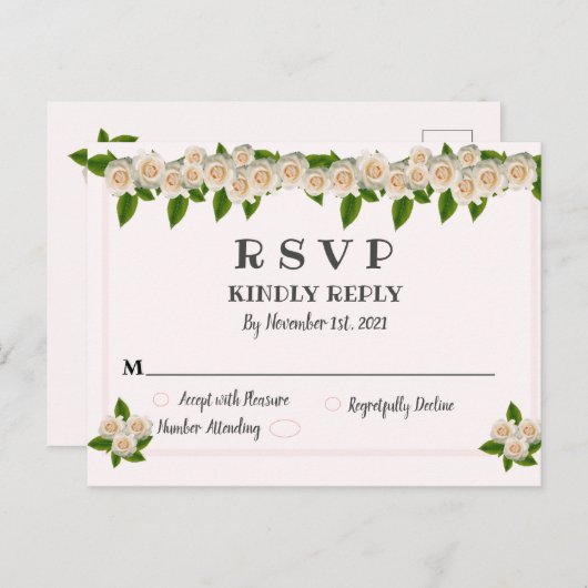 Elegant White Roses Pink Blush RSVP Briefkaart (Voorkant / Achterkant)