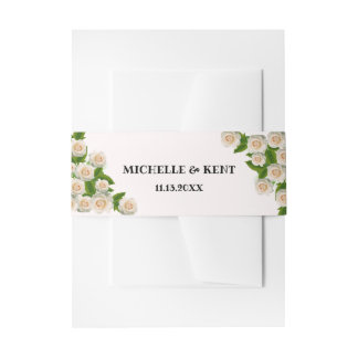 Elegant White Roses Pink Invitation Belly Band Uitnodigingen Wikkel