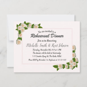 Elegant White Roses Wedding Rehearsal Dinner Kaart