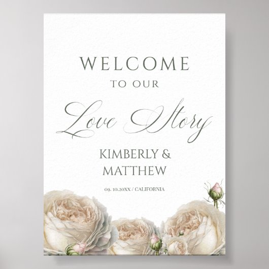 Elegant White Roses Welcome Wedding Sign Poster (Voorkant)