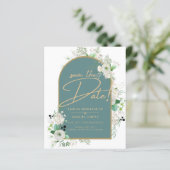 Elegant White Roses Zee Glass Arch Save Date (Staand voorkant)