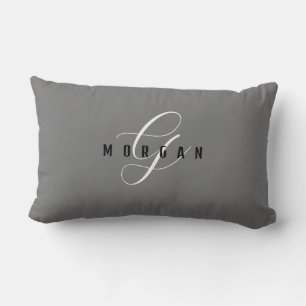 Elegant White Script Monogram & Black Name, Grey L Kussen