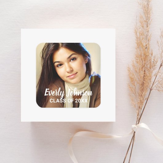 Elegant White Script Name Photo Afstuderen Vierkante Sticker