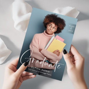 Elegant White Script Overlay Two Photo Afstuderen Aankondiging