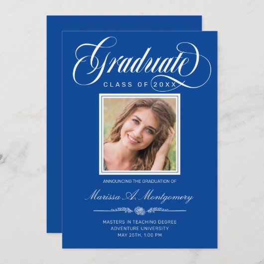 Elegant White Script Photo Blue College Graduing Aankondiging (Voorkant / Achterkant)