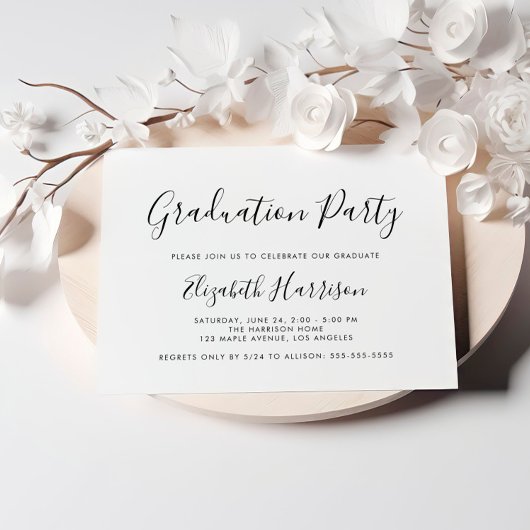 Elegant White Script Photo Graduparty Kaart