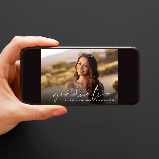 Elegant White Script Photo Graduparty Kaart