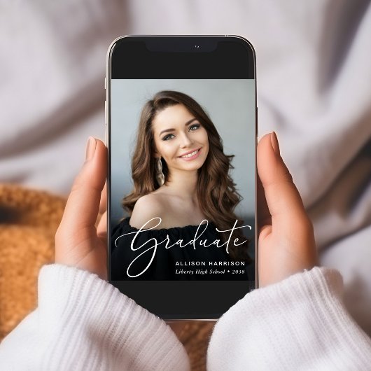 Elegant White Script Photo Overlay Afstuderen Aankondiging