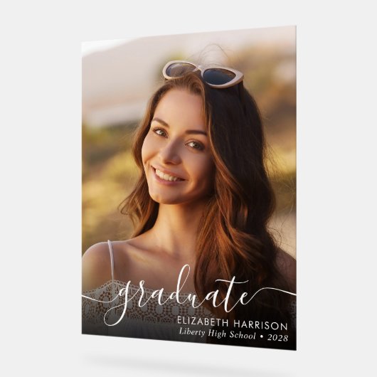 Elegant White Script Photo Overlay Afstuderen Acryl Bord (Hoek)