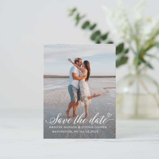 Elegant White Script Photo Save the Date Briefkaar Briefkaart (Staand voorkant)