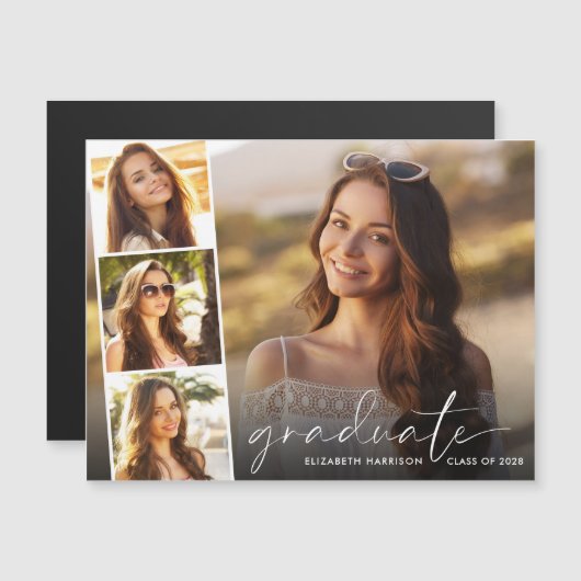 Elegant White Script Photo Strip Afstuderen Magnetische Uitnodiging (Voorkant / Achterkant)