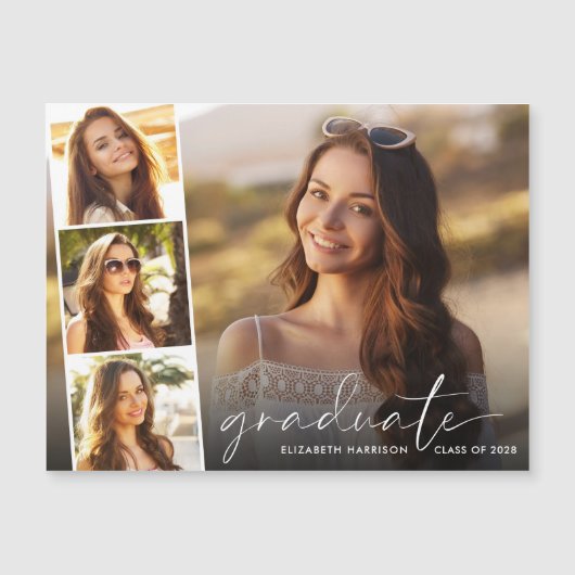 Elegant White Script Photo Strip Afstuderen Magnetische Uitnodiging (Voorkant)