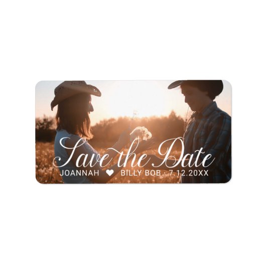Elegant White Script Photo Weddenschap Save the Da Etiket (Voorkant)