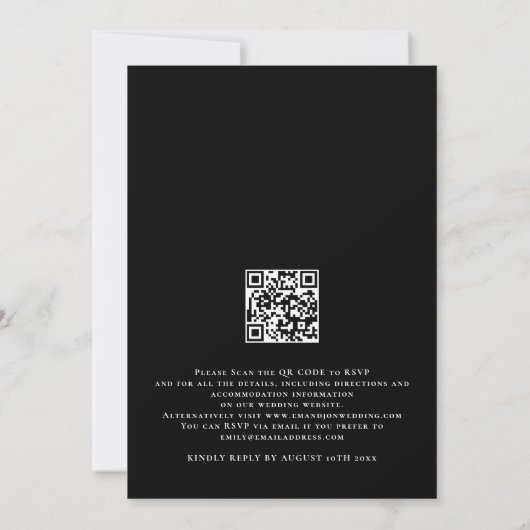 Elegant White Script QR Code Black Weddenschap Kaart (Achterkant)