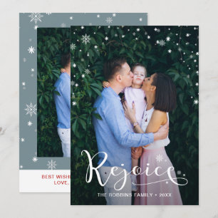 Elegant White Script Rejoice Snowflakes 2 Foto Feestdagenkaart