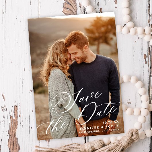 Elegant White Script | Weddenschap Opslaan datum Save The Date