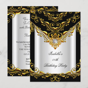 Elegant White Silver Black Gold Birthday Party Kaart