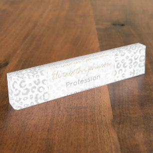 Elegant White Silver Glitter Leopard Animal Print Naambordje