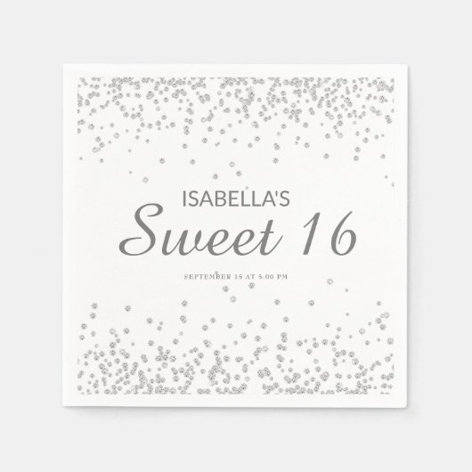 Elegant White Silver Glitter Sweet 16 Name Servet (Voorkant)