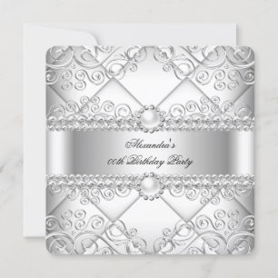 Elegant White Silver Lace Pearl Birthday Party Kaart