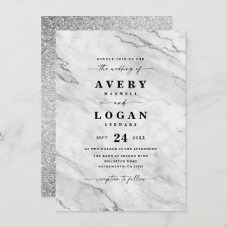 Elegant White & Silver Marble & Glitter Wedding Kaart
