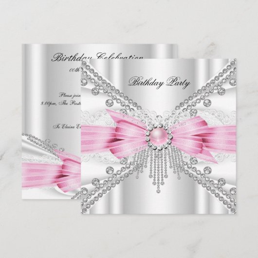 Elegant White Silver Pink Diamond Birthday Party Kaart (Voorkant / Achterkant)