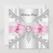 Elegant White Silver Pink Diamond Birthday Party Kaart (Voorkant)