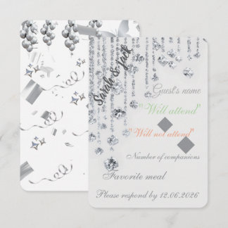 Elegant White & Silver Wedding RSVP card– Floral &