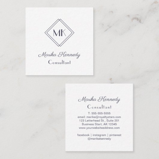 Elegant White Slate Grey Script Diamond Monogram Vierkante Visitekaartje (Voorkant / Achterkant)