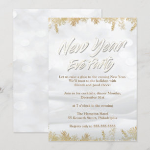 Elegant White Snow & Gold New Years Eve Party Kaart