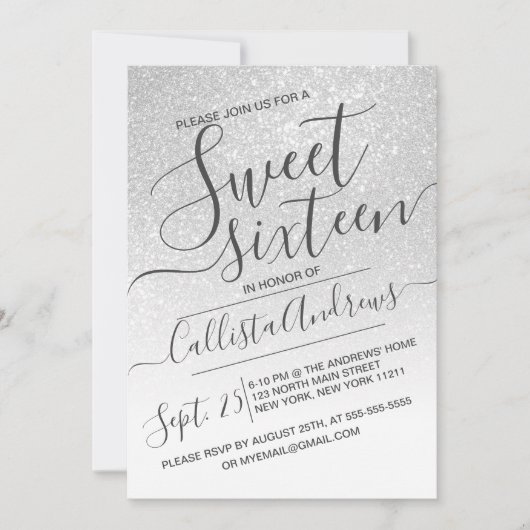 Elegant White Sparkly Glitter Ombre Sweet 16 Kaart (Voorkant)
