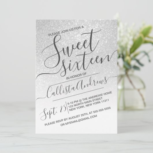 Elegant White Sparkly Glitter Ombre Sweet 16 Kaart (Staand voorkant)