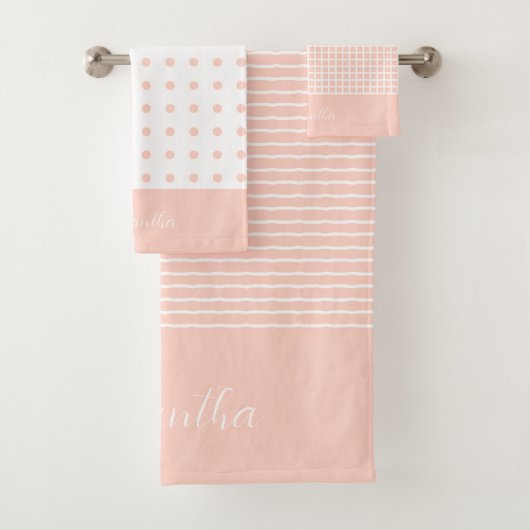 Elegant White Stripe en Check Pink Polka Dot. Bad Handdoek (Insitu)