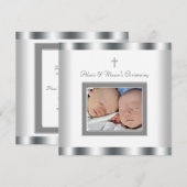 Elégant White Twins Photo Christening Invitations (Devant / Derrière)