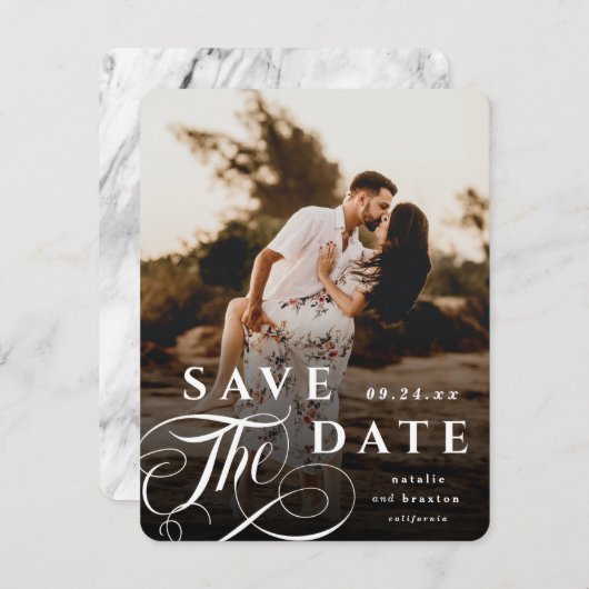 Elegant White Typography & Marble Back Photo Save The Date (Voorkant / Achterkant)