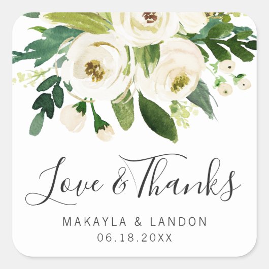 Elegant White Waterverf Floral Greenery Wedding Vierkante Sticker (Voorkant)