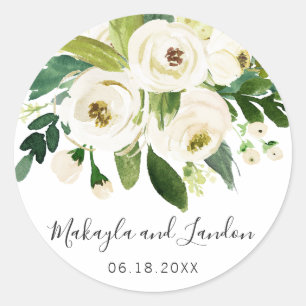 Elegant White Waterverf Floral Wedding Favor Ronde Sticker