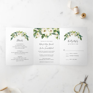 Elegant White Waterverf Rozen Greenery Wedding Drieluik Uitnodiging
