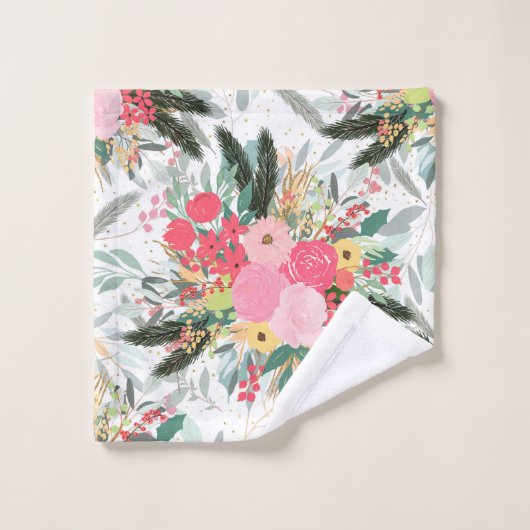 Elegant White Winter Floral & Gold Glitter Stippen Bad Handdoek (Wasdoekje)