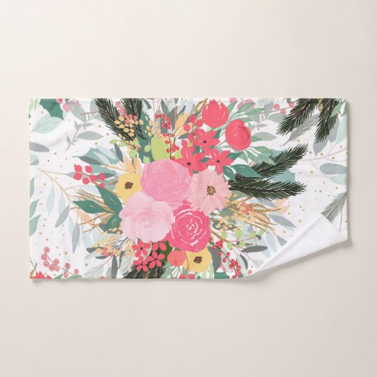 Elegant White Winter Floral & Gold Glitter Stippen Bad Handdoek (Handdoek)