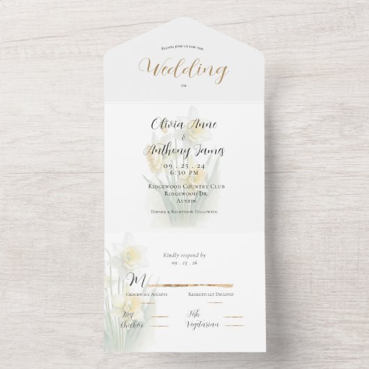 Elegant White & Yellow Daffodils Wedding All In One Uitnodiging (Binnen)