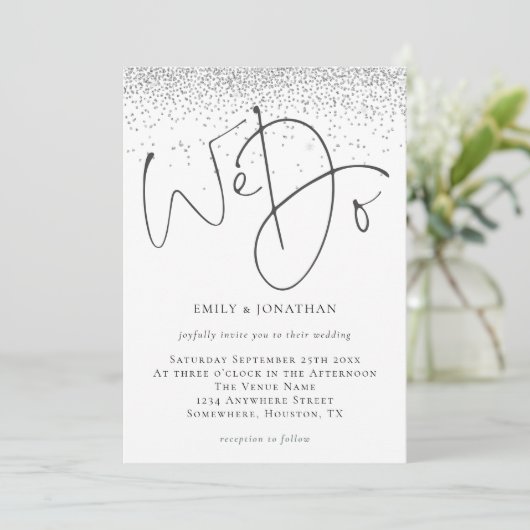 Elegant Wij doen Script Zilveren Glitter Bruiloft Kaart (Staand voorkant)