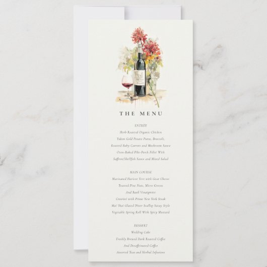 Elegant wijnrood geel bloemenbruiloft menu Kaart (Voorkant)