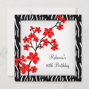 Elegant Wild Asian Red Flowers White 40th Birthday Kaart