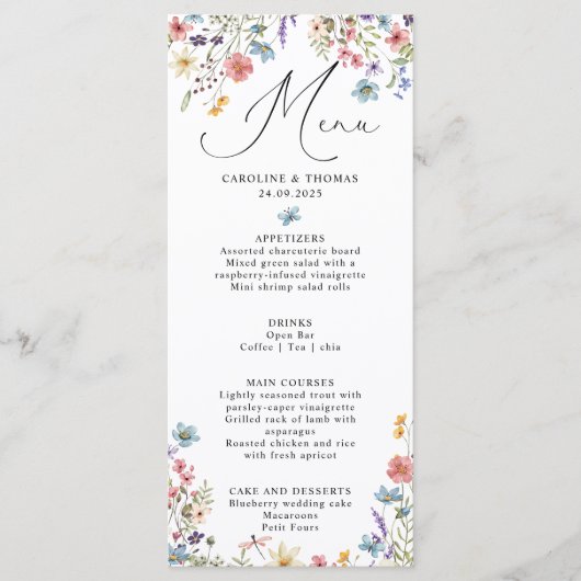 Elegant Wildflower Bloom Script Bruiloft Menu (Voorkant)