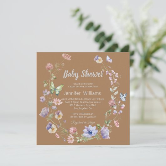 Elegant Wildflower Bruin Neutraal baby shower Kaart (Staand voorkant)